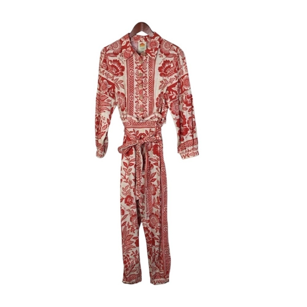 Farm Rio Floral-Print Linen-Blend Jumpsuit Size Small.